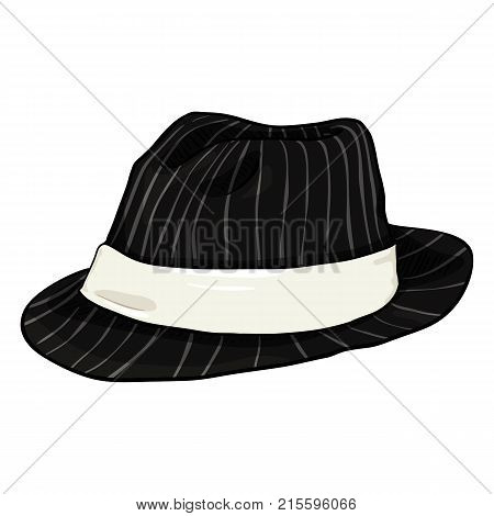 Vector Single Cartoon Black Fedora Hat With Gray Stripes And White Ribbon