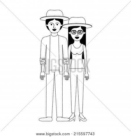 couple in black dotted silhouette and both with hat and pants and him with shirt and jacket and pants and shoes and her with blouse and heel shoes with long straight hair vector illustration