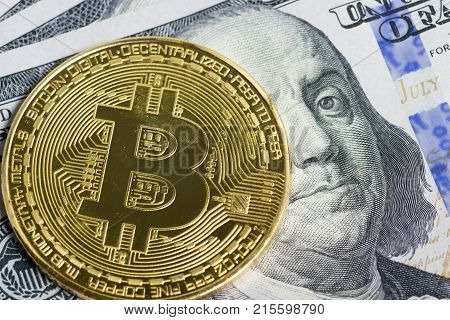 Bitcoin golden coin New virtual money and dollar background . Cryptocurrency. Business and Trading concept.