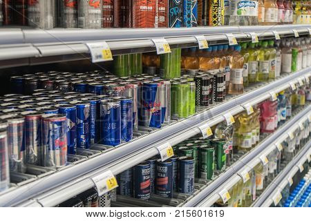 Helsinki, Finland, November 2017 - Energy drinks on the shelf