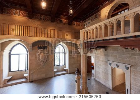 SAN MARINO, SAN MARINO - JUNE 13, 2017: Interior of Palazzo Pubblico, the Public Palace. It was built between 1884 and 1894 by design of Francesco Azzurri