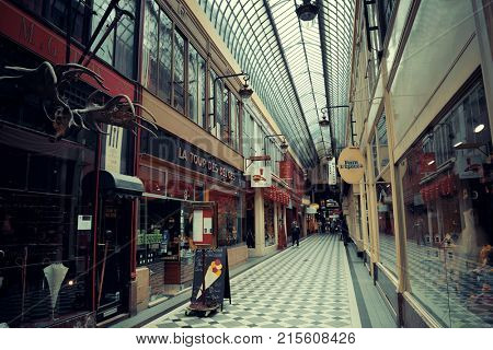 PARIS, FRANCE - MAY 13: Passage Jouffroy street view on May 13, 2015 in Paris. With the population of 2M, Paris is the capital and most-populous city of France