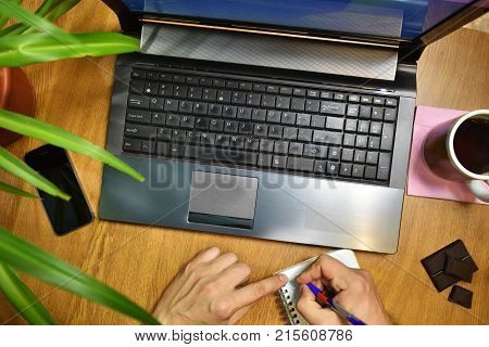 work at the Desk with a Cup of tea chocolate and herb for a laptop