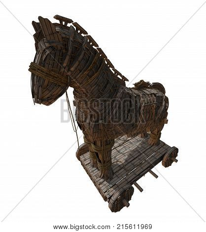 3D render of Homer's Trojan Horse in front of the Walls of Troy and the Aegean Sea.
