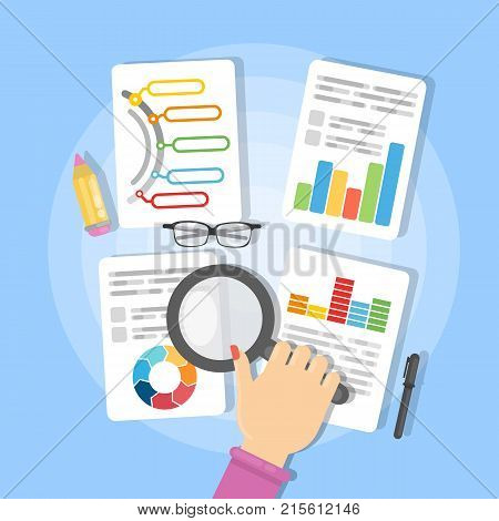 Schedule concept illustration. Hands with magnigying glass checking the agenda.