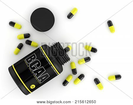 3D Render Of Bcaa Bottle With Pills Over White
