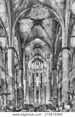 Interior Of Santa Maria Del Mar In Barcelona, Catalonia, Spain