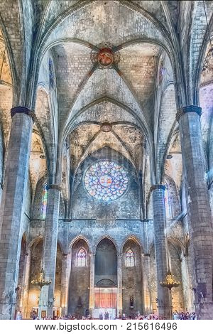 Interior Of Santa Maria Del Mar In Barcelona, Catalonia, Spain