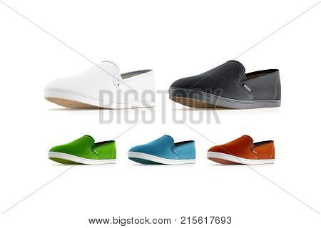 Blank colored slip-on shoes mockup isolated 3d rendering. Plain hipster slipon mock up template stand profile view. Urban skate shoes design with clear label presentation.