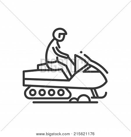 Snow racer - line design single isolated icon on white background. Image of a man with a helmet on snowcar. Winter sports concept