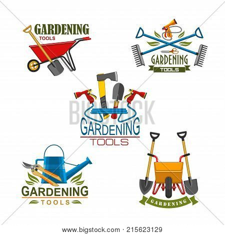 Gardening tools for farm or farmer household. Vector isolated set of rake and spade, wheel cart or garden watering can or hose and tree plant scissors or cutter, ax and hoe for planting