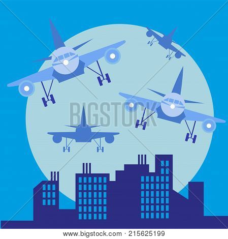 picture of a plane in front of big city silhouette, flat style illustration