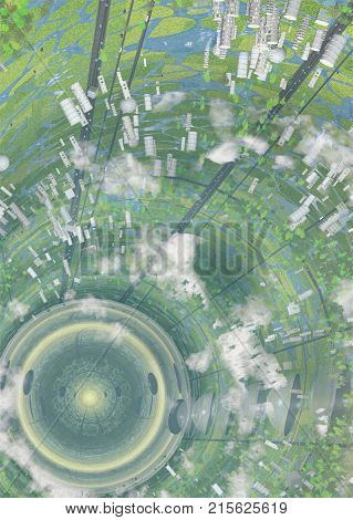 Inter Galactic Space Colony Ship Interior. 3D rendering.