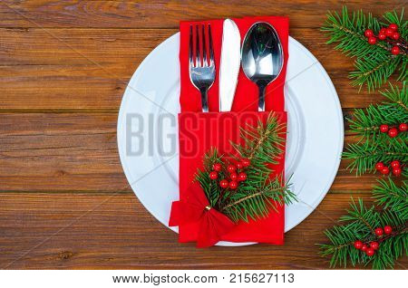 Christmas Arrangement On A Wooden Table Top View.