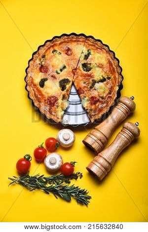Traditional Rustic Cuisine Concept. Pizza Pie In Metal Baking Dish