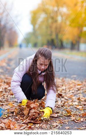 A girl in a pink jacket, sitting in an autumn park, collects the fallen leaves.