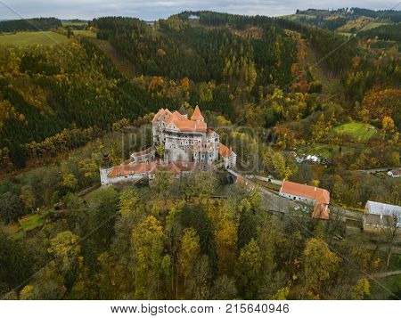 Castle Pernstejn in Czech Republic - aerial view - travel and architecture background