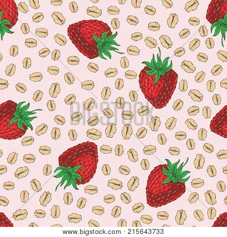 Seamless Vector Pattern with Ripe Strawberry and Oat Flakes on a Pink Background