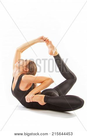 Beautiful Flexible Woman Doing Yoga Poses On White