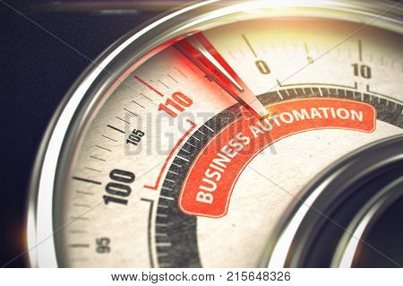 Metallic Conceptual Meter with Red Punchline Reach the Business Automation. Illustration with Depth of Field Effect. 3D Render.