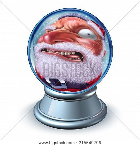 Funny santa or santaclaus snow globe as a forced perspective jolly old man as a humorous snowglobe winter holiday idea with 3D illustration elements.