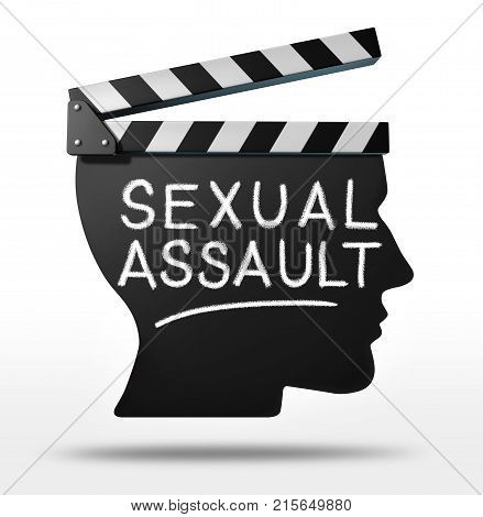 Sexual assault in entertainment and criminal physical harassment in the movie or Tv industry as a clapboard shaped as a victim or media member with text as a 3D render.