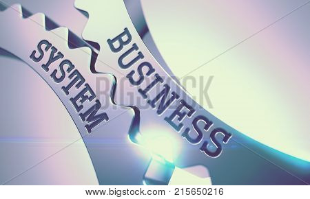 Business System Metallic Cog Gears - Business Concept. with Glow Effect and Lens Flare. Message Business System on the Shiny Metal Cog Gears - Communication Concept. 3D Illustration .