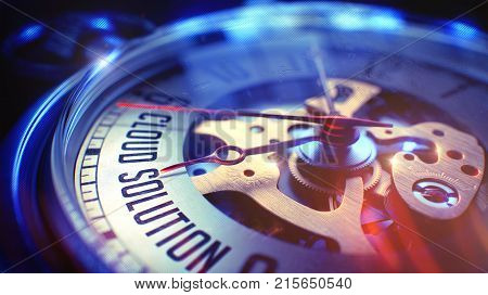 Cloud Solution. on Vintage Pocket Watch Face with Close View of Watch Mechanism. Time Concept. Film Effect. 3D Render.