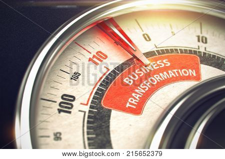 Conceptual Illustration of a Speedmeter with Red Needle Pointing to Maximum of Business Transformation. Horizontal image. 3D Render.