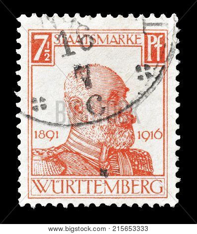 GERMANY - CIRCA 1916 : Postage stamp printed by Germany, Wurtemberg, that shows portrait of king Wilhelm II.