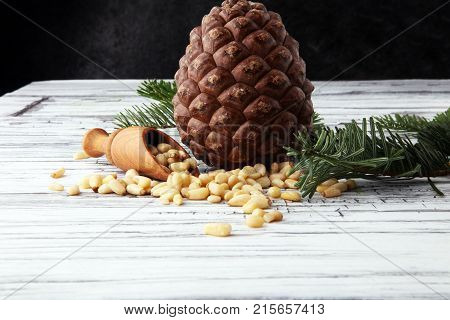 spoon with pine nuts with pinoli pine cones in the background.