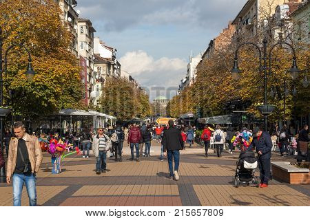 SOFIA, BULGARIA -NOVEMBER 12, 2017: Walking people on Boulevard Vitosha in city of Sofia, Bulgaria
