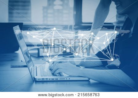 communication business person working on computer social media etwork connection concept in blue tone