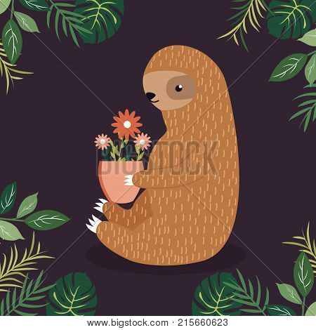 Cute sloth with a pot of flowers