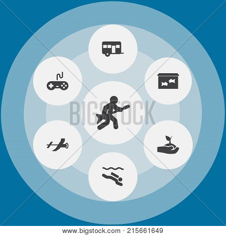 Collection Of Caravan, Plant, Frogman And Other Elements.  Set Of 7 Hobbie Icons Set.