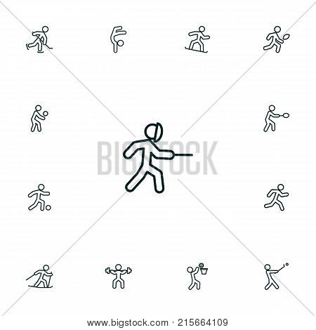 Collection Of Swordplay, Player, Power-Lifting And Other Elements.  Set Of 13 Fitness Outline Icons Set.