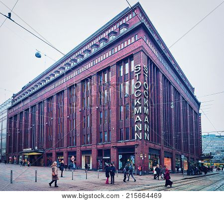 Helsinki Finland - March 8 2017: Stockmann flagman shopping center in Helsinki Finland in winter.