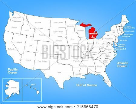 Vector Map of the United Sates Highlighting the State of Michigan