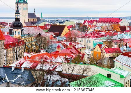 Cityscape and St Olaf Church at the Old town of Tallinn Estonia in winter
