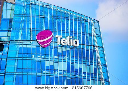 Vilnius Lithuania - August 8 2017: Telia Company headquarter in the modern office building skyscraper in the business district of Vilnius Lithuania.