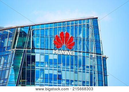 Vilnius Lithuania - August 8 2017: Huawei Technologies company headquarter in the modern office building skyscraper in the business district of Vilnius Lithuania.