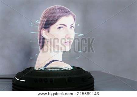 a holo projector projects a pretty young woman (3d mixed media)