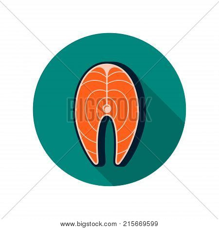 Salmon steak icon in flat style with long shadow red fish trout fillet. Piece or section of raw red fish. Vector color illustration isolated on round background.