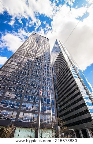 New York USA - May 6 2015: Bottom up view on Exxon Building and Time-Life Building in Midtown Manhattan New York NYC USA