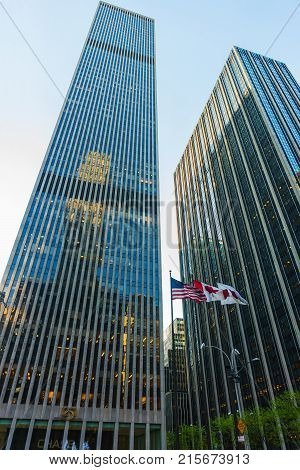 New York USA - May 6 2015: Bottom up view of Exxon Building and Time-Life Building in Midtown Manhattan New York NYC USA