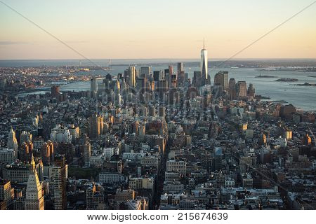 Aerial view from Observatory deck on Downtown Manhattan and Lower Manhattan New York NYC USA. Skyline with skyscrapers