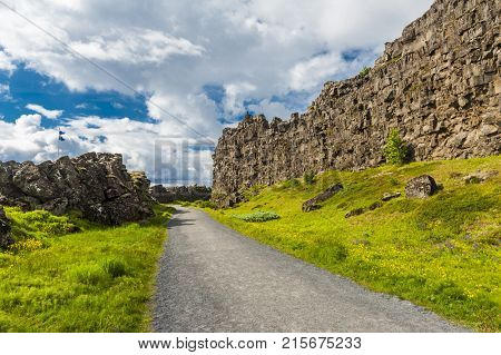 Location of Althing, the oldest parliament on the Earth, is marked by Icelandic flag. Thingvellir national park, Iceland