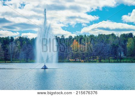 Water fountain on Druskonis Lake and the nature in Druskininkai Lithuania