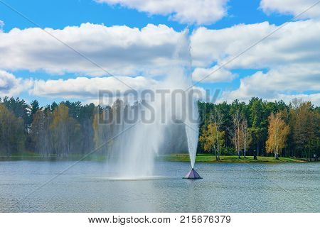 Water fountain in Druskonis Lake and the nature in Druskininkai Lithuania