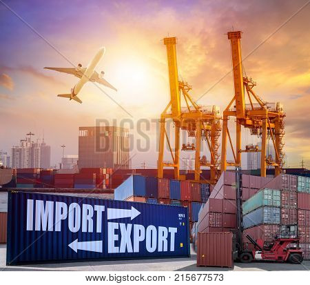 ontainer ship in import export and business logistic. Trade Port. Shipping, cargo to harbor and Cargo plane with working crane bridge in shipyard at twilight, logistic import export and transport industry background